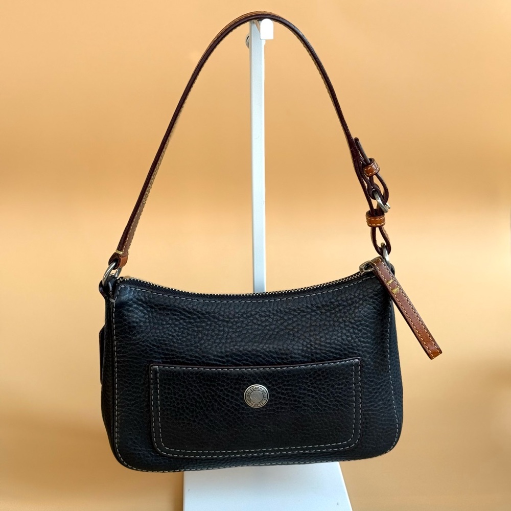 Vintage Coach Chelsea black pebbled leather shoulder bag with brown leather trim